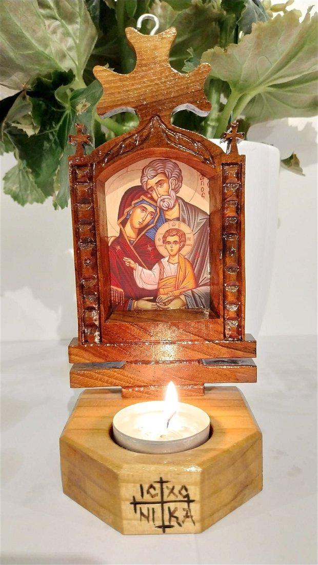 Icoană Sfânta Familie, cu suport lumânare rotundă