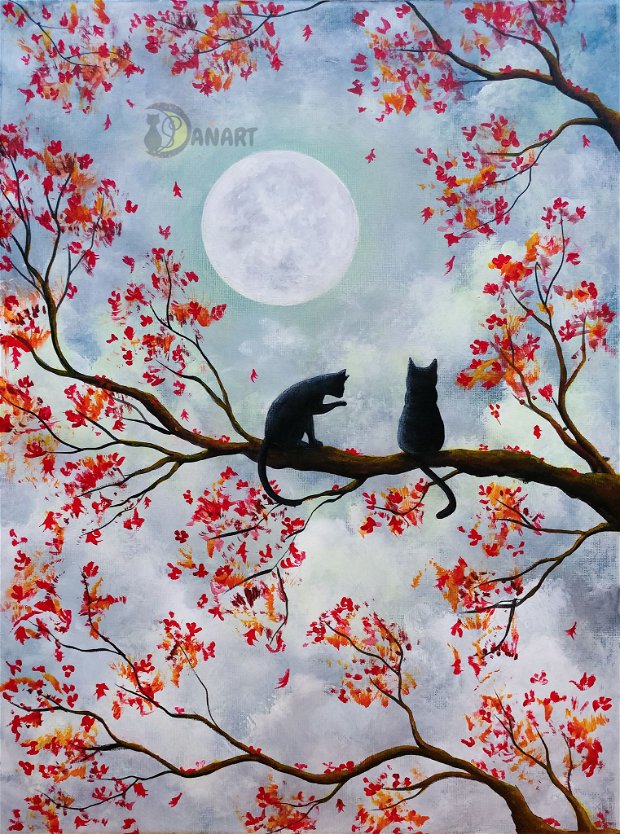 Tablou pictura pisici "Sub Clar de Luna"