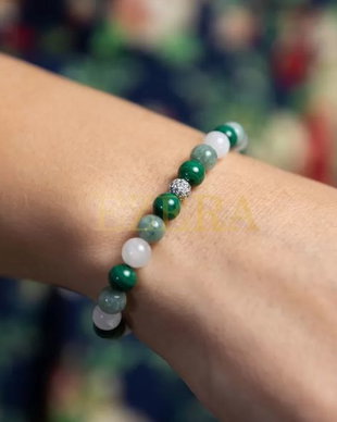 Bratara Eleganta Fete Mehal, Din Pietre Semipretioase De Malachit, Piatra Lunii Si Jad Verde, Margele De 6mm