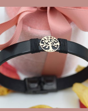 Bratara Piele Naturala simbol Copacul vietii- Pomul vietii  Tree of life  Aur 14k