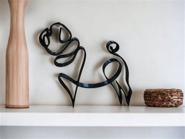 Decoratiune minimalista in forma de catel Pug, accesoriu de design interior cu tematica single line, negru glitter, pentru birou, raft, masa sau perete