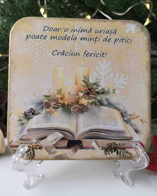 Felicitare din lemn cu mesaj de Craciun pentru invatatoare/ educatoare/ profesoara