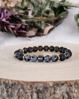 Bratara Barbati Jay Din Hematit, Snow Flake Obsidian Si Piatra De Lava, Margele De 8mm