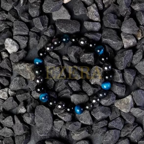 Bratara Barbati Ohas Din Cristale De Ochi De Tigru Royal Blue, Hematit Si Obsidian, Sfere De 8mm