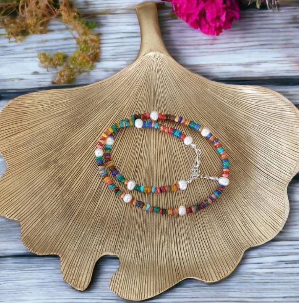 Colier Choker Perle Naturale Ayana Cu Cipsuri De Scoici Colorate Si Argint 925