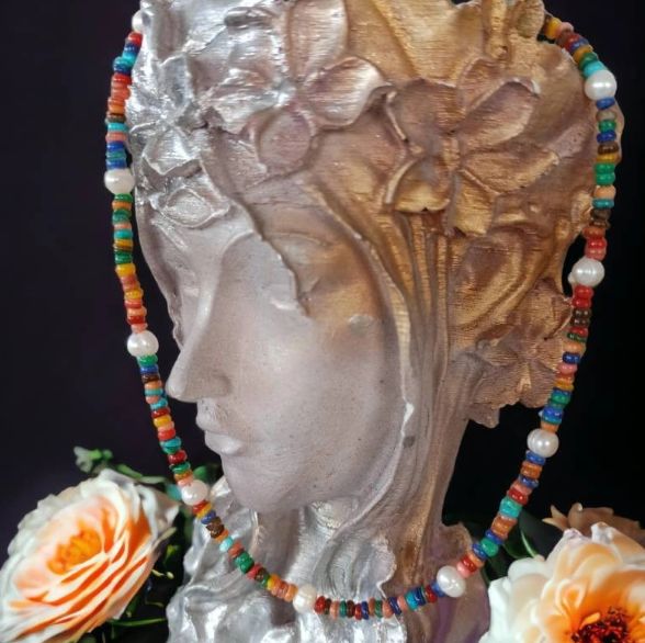 Colier Choker Perle Naturale Ayana Cu Cipsuri De Scoici Colorate Si Argint 925