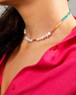 Colier Choker Perle Naturale Taya Cu Cristale De Turmalina Roz, Topaz, Amazonit Si Ametist Din Argint 925 Placat Cu Aur