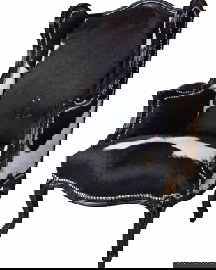 Fotoliu baroc din lemn masiv negru cu tapiterie din piele de vaca