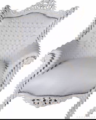 Fotoliu baroc monumental din lemn masiv alb cu tapiterie alba