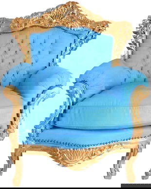 Fotoliu baroc monumental din lemn masiv auriu cu tapiterie turcoaz