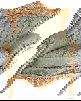 Fotoliu baroc monumental din lemn masiv auriu cu tapiterie verde