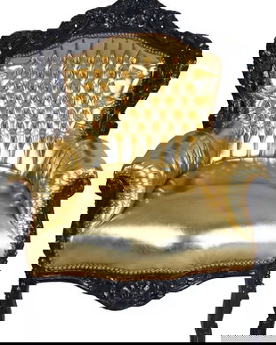 Fotoliu baroc monumental din lemn masiv negru cu tapiterie aurie