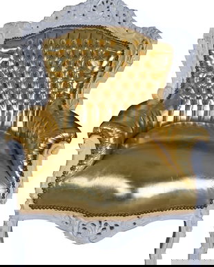 Fotoliu baroc monumental din lemn masiv alb cu tapiterie aurie