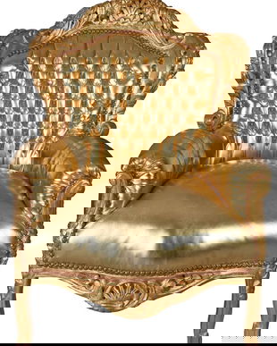 Fotoliu baroc monumental din lemn masiv auriu cu tapiterie aurie