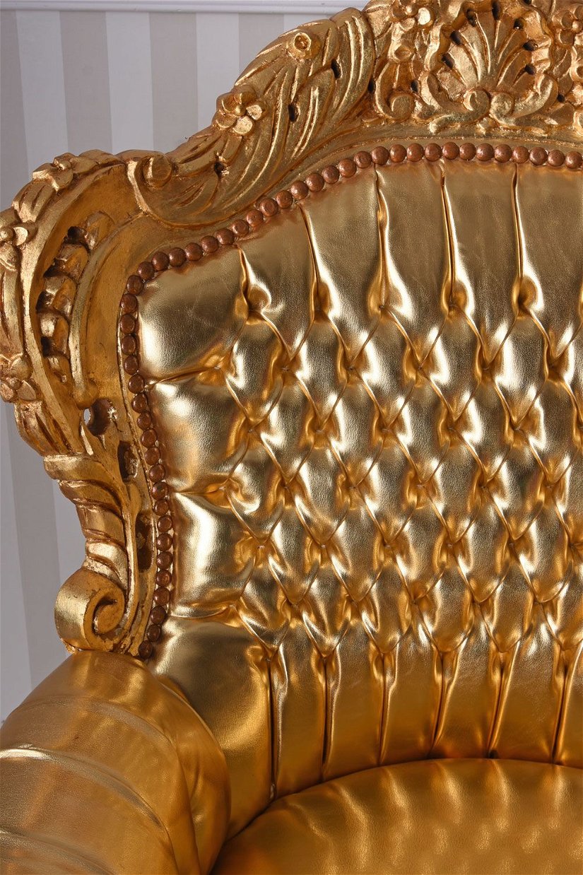 Fotoliu baroc monumental din lemn masiv auriu cu tapiterie aurie