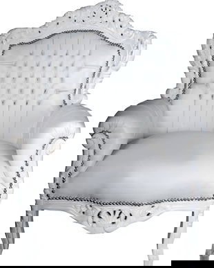 Fotoliu baroc monumental din lemn masiv alb cu tapiterie alba