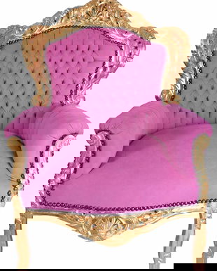 Fotoliu baroc monumental din lemn masiv auriu cu tapiterie fucsia