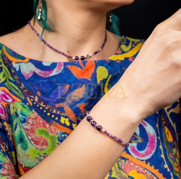 Colier Choker Reena Din Pietre Naturale De Ametist, Inchidere Si Accesorii Din Argint 925