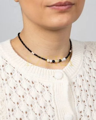 Colier Choker Shrey Din Pietre Naturale De Spinel Negru Cu Accesorii Si Sistem De Inchidere Din Argint 925