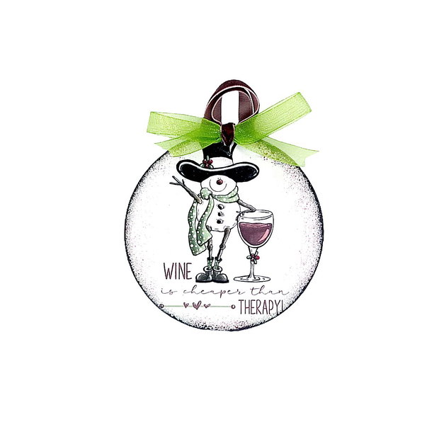 Glob lemn pentru Craciun, unicat, decorat manual, cu inscriptia Wine is cheaper than therapy, Fun017
