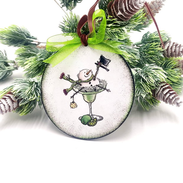 Glob lemn pentru Craciun, unicat, decorat manual, Snowman in margarita, Fun018