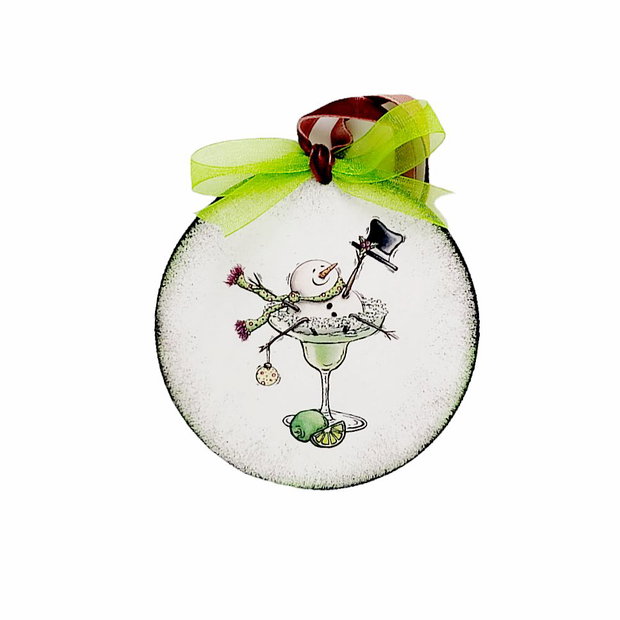 Glob lemn pentru Craciun, unicat, decorat manual, Snowman in margarita, Fun018