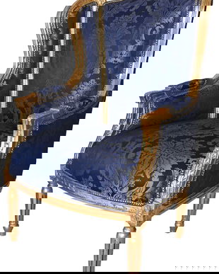 Fotoliu baroc din lemn masiv auriu si tapiterie din matase albastra