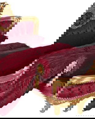 Sofa baroc pentru copii din lemn masiv cu tapiterie burgund