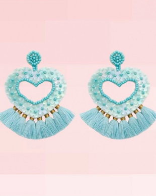 Cercei Jhumka Din Margele Miyuki, In Forma De Inima, Stil Indian, Culoare Turcoaz