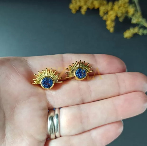 Cercei Kanya In Forma De Soare Cu Piatra Druzy Naturala, Placati Cu Aur De 18K