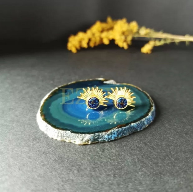 Cercei Kanya In Forma De Soare Cu Piatra Druzy Naturala, Placati Cu Aur De 18K