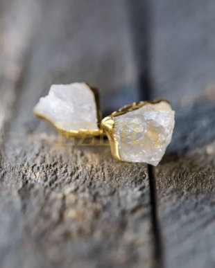 Cercei Piatra Naturala Cuart Transparent, Cercei Cu Cristal Brut, Placati Cu Aur De 18K