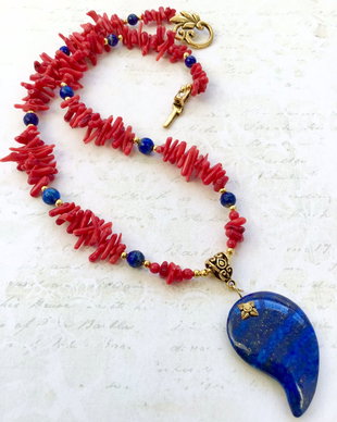 Colier coral rosu & lapis lazuli