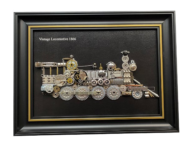 Locomotiva de epoca 1866 Cod M 630・Tablou decorativ din piese de ceas・Arta・Tablou steampunk