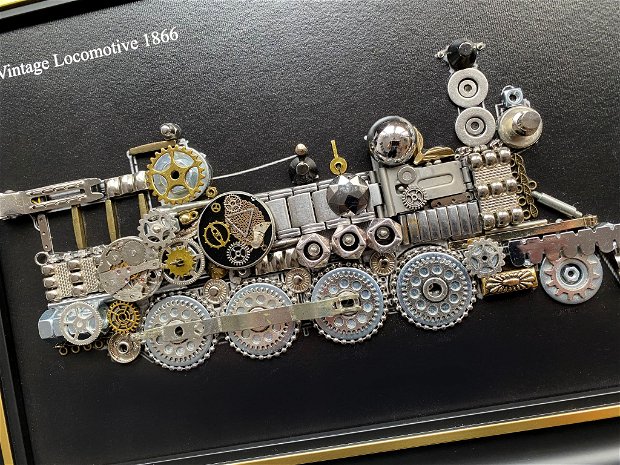 Locomotiva de epoca 1866 Cod M 630・Tablou decorativ din piese de ceas・Arta・Tablou steampunk
