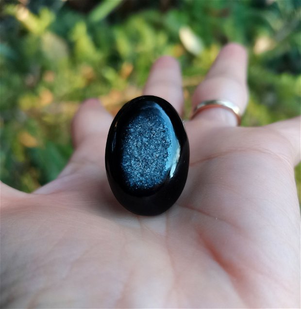 Inel Agata neagra druzy si Argint 925 - IN1298 - Inel negru reglabil, inel elegant, inel pietre semipretioase, inel piatra mare, inel cadou, cadou sotie, bijuterii cadou, inel statement, cristaloterapie