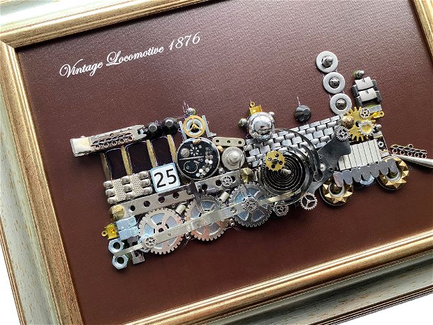Locomotiva de epoca Cod M 631・Tablou decotiv din piese de ceas・Cadouri originale de ziua tara