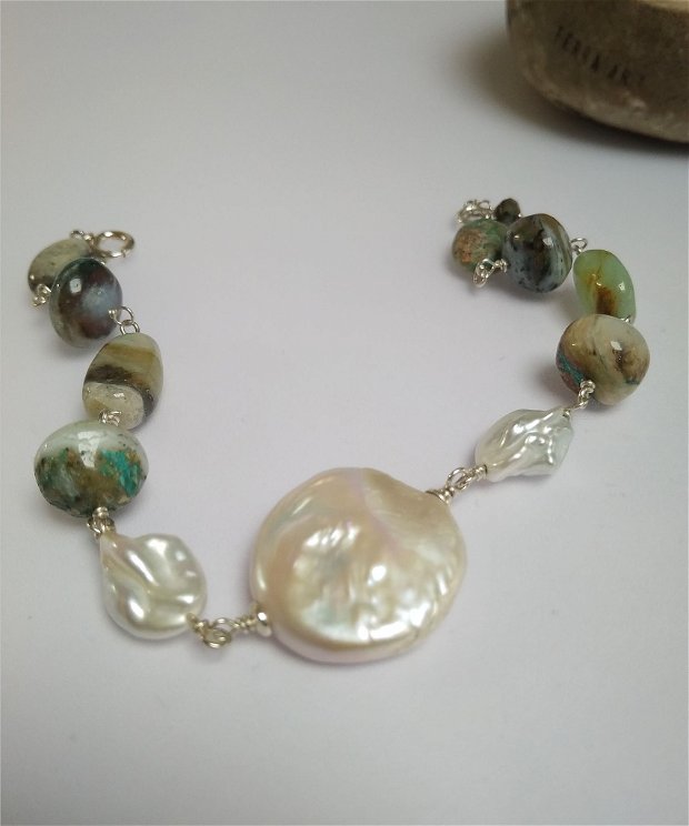 Brățară Opal Peruvian verde cu Perle de cultură