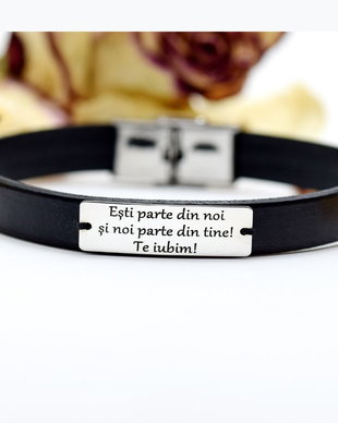 Bratara Personalizata / Piele Naturala / Placuta / Esti parte din noi si noi parte din tine! Te iubim! / Argint 925
