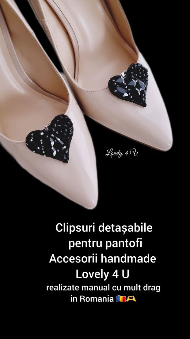 CLIPSURI DE PANTOFI cu cristale negre - Clipsuri handmade inima - Accesorii Lovely 4 U