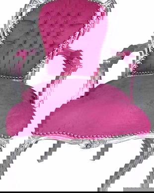 Scaun baroc din lemn masiv argintiu cu tapiterie fucsia