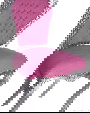 Scaun baroc din lemn masiv argintiu cu tapiterie fucsia