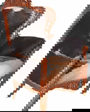 Fotoliu baroc din lemn mahon cu tapiterie din piele de vaca