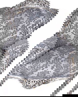 Fotoliu baroc din lemn masiv argintiu cu tapiterie gri din matase