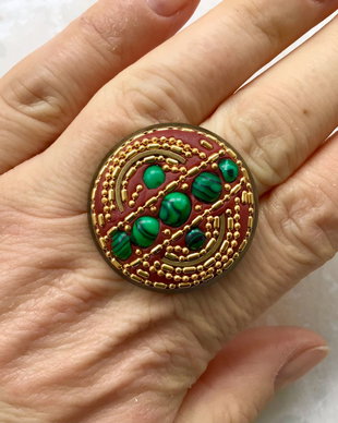Inel Nepalez coral rosu & malachit