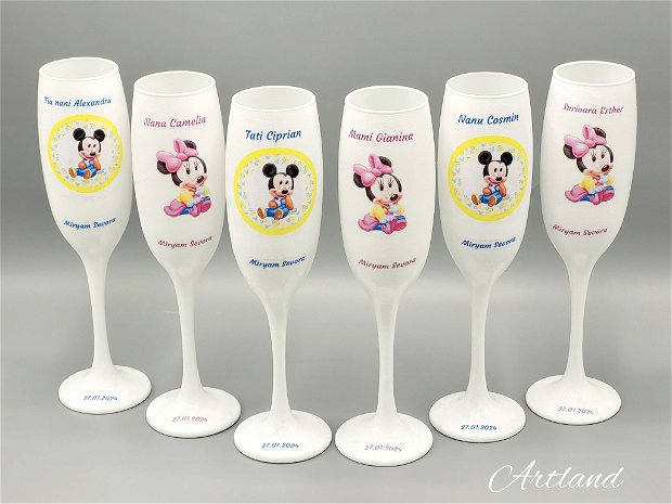 Pahare personalizate pentru botez cu tematica Mickey & Minnie Mouse