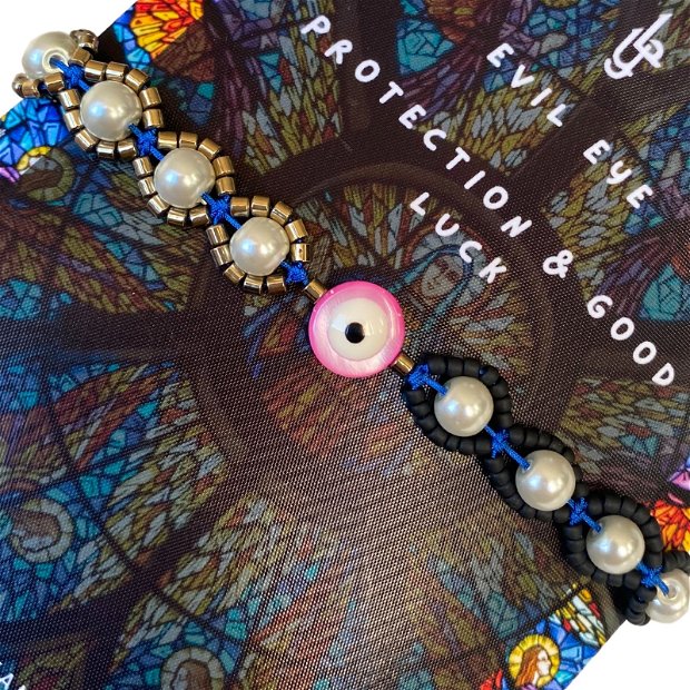 Bratara Evil Eye colorata cu perle de sticla si hematit auriu