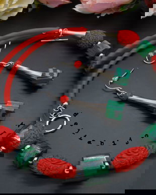 Set bijuterii handmade - malachit si cinabru (cod940)