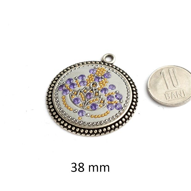 Pandantiv aliaj, componente alama si cristale, model etnic, Floare de Lotus, 38 mm DS-457