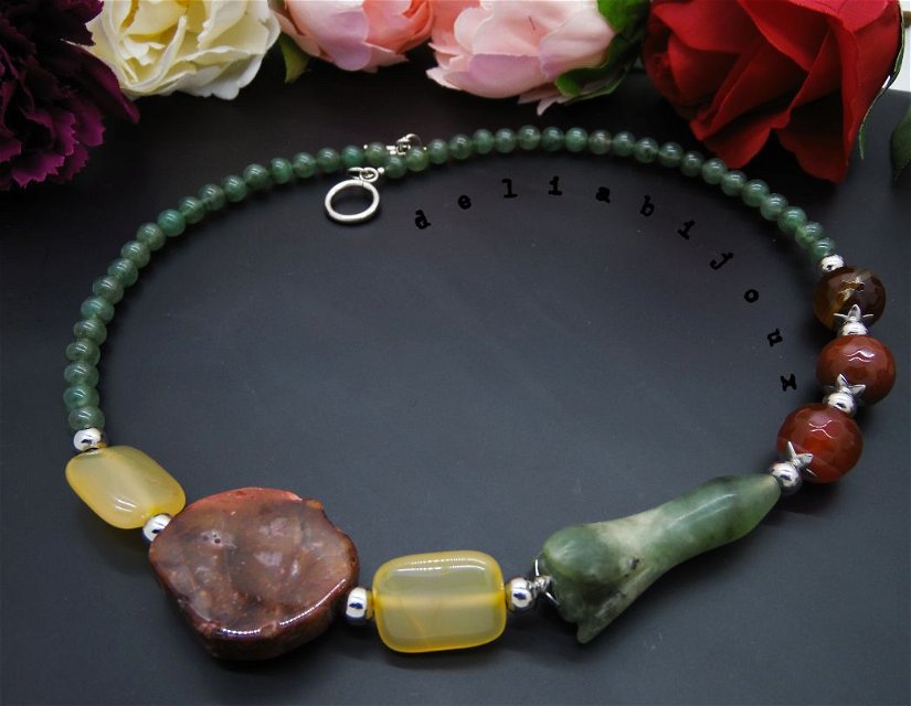 Colier handmade unicat - floare jad, agate, aventurin (cod942)